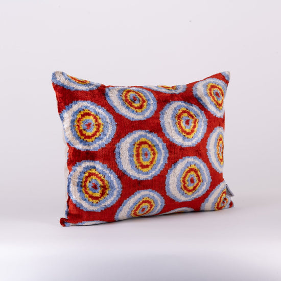 Silk Velvet Ikat Cushion - Red Circles