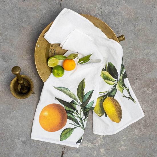 Linen Kitchen Towels ORANGE & LEMON Set of 2 White