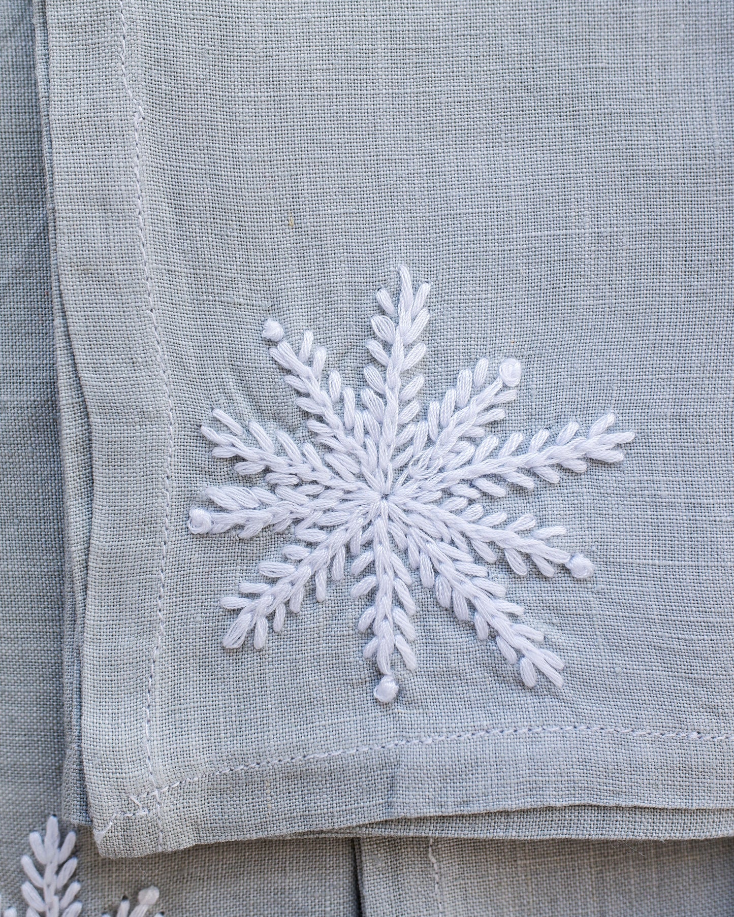 Hand Embroidered Linen Napkins - Light Gray-Blue 1 - Set of 4