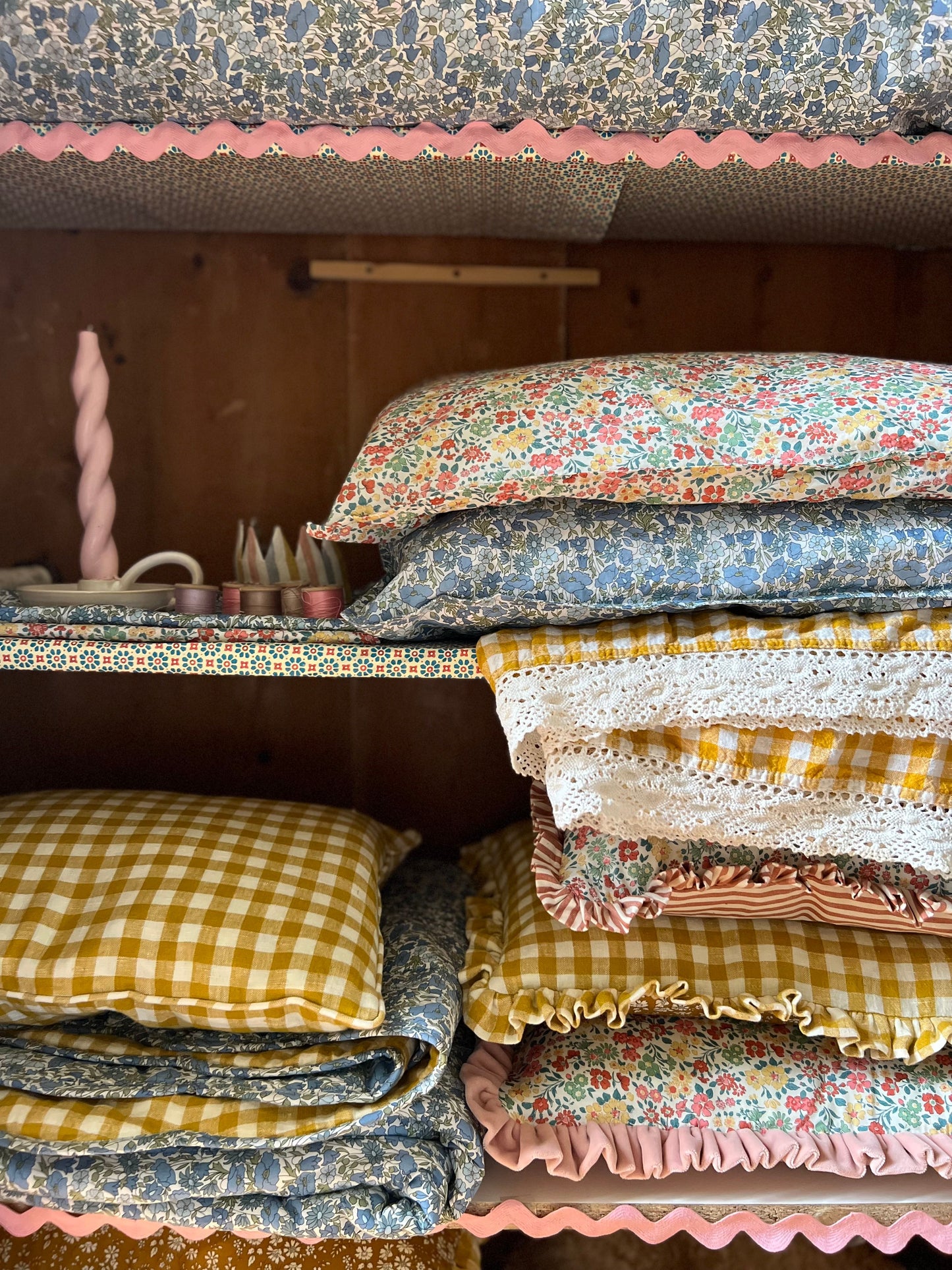 Velvet Ruffle Cushion with Liberty Fabric