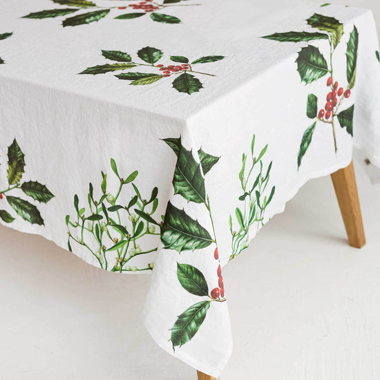 Linen tablecloth HOLLY & MISTLETOE White