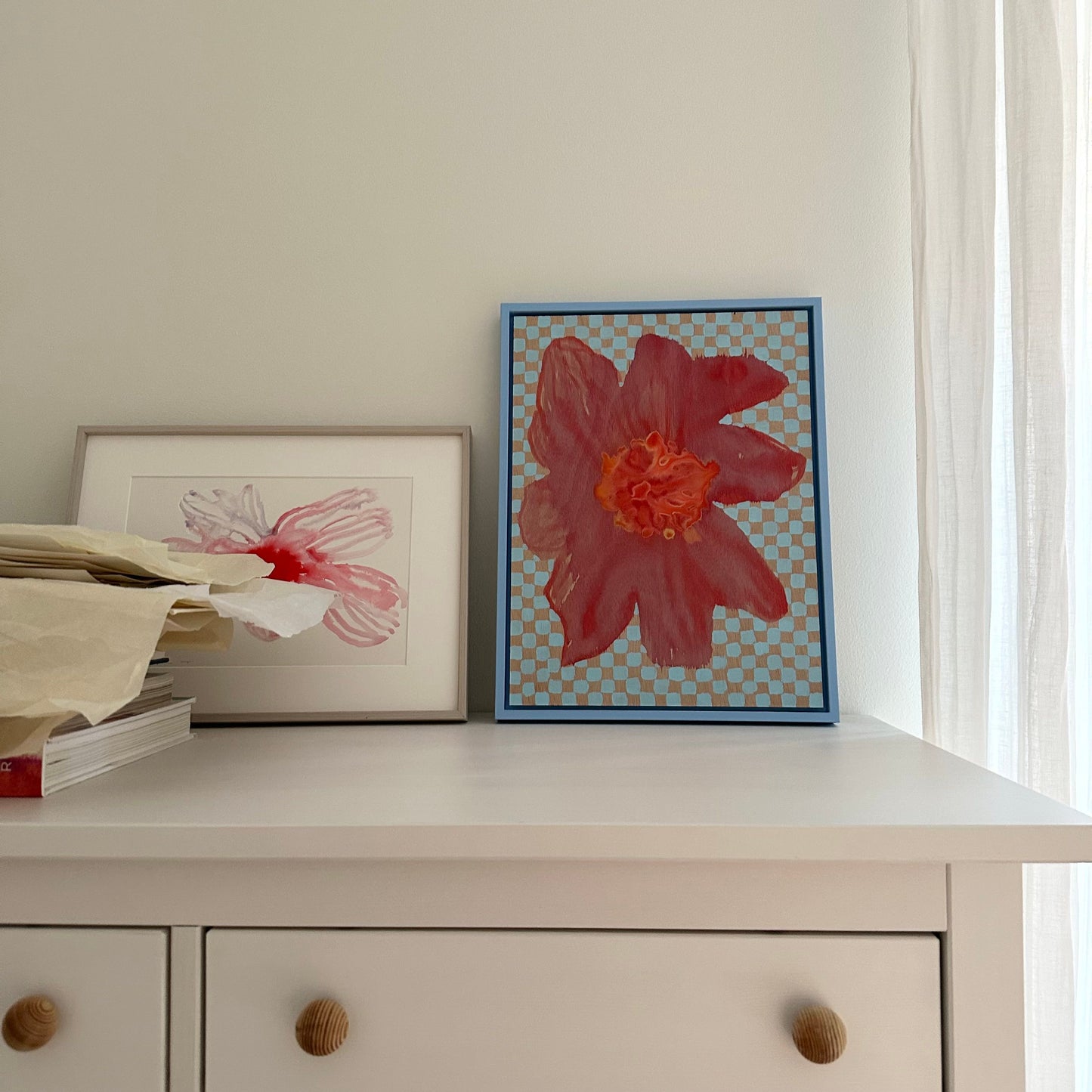 Red Bloom on Wood Checkerboard - Original Painting