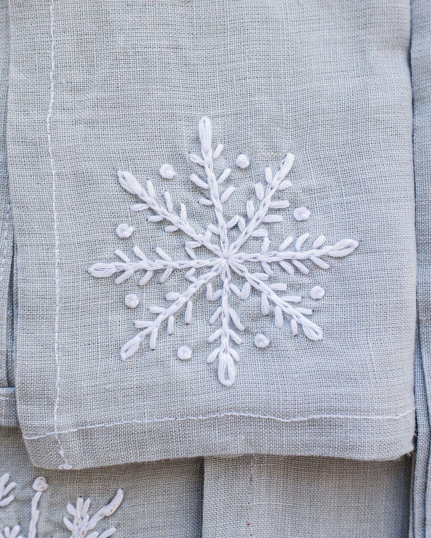 Hand Embroidered Linen Napkins - Light Gray-Blue 3 - Set of 4