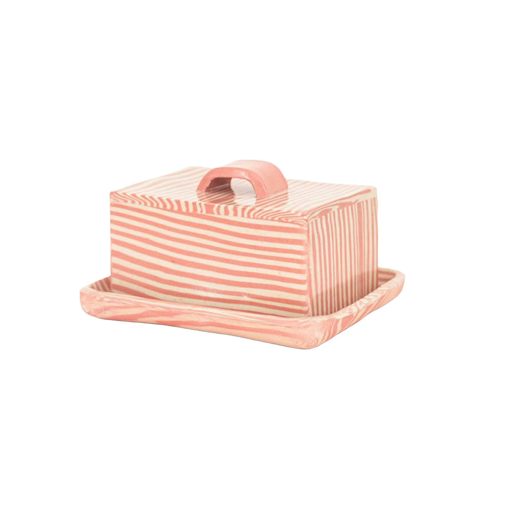 Pink Striped Butter Dish