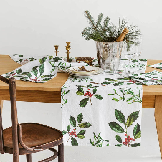 Linen Table Runner HOLLY & MISTLETOE White