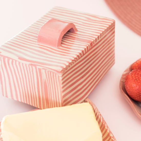 Pink Striped Butter Dish