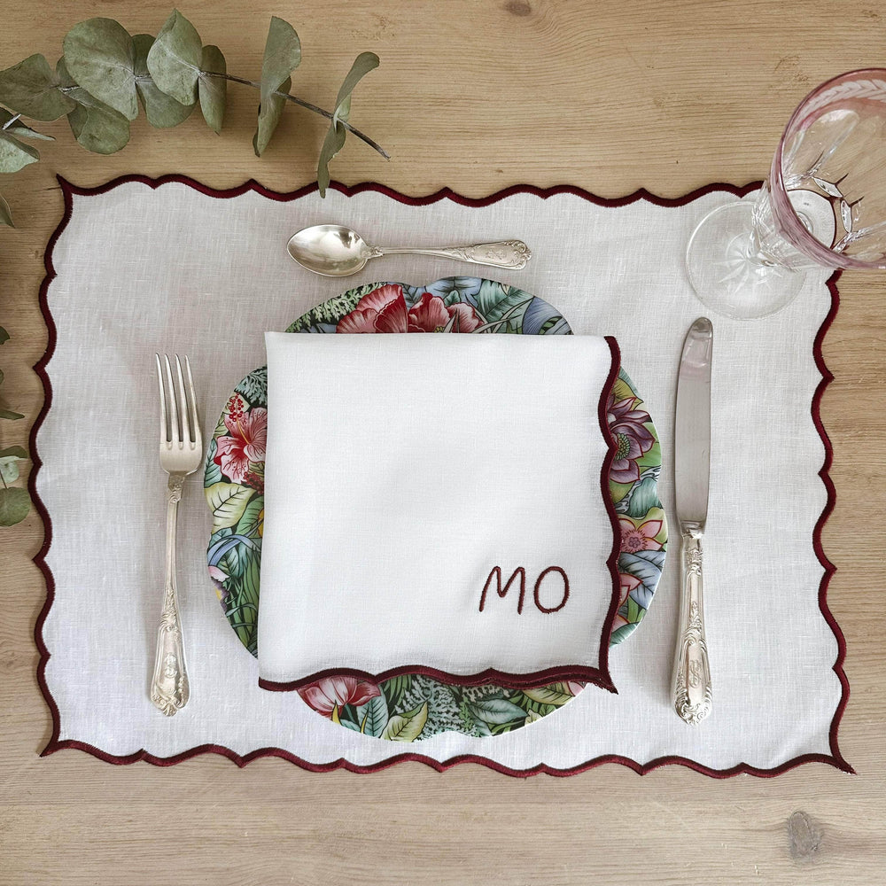 COMO - Personalised White and Bordeaux Linen Placemat and Napkin Set