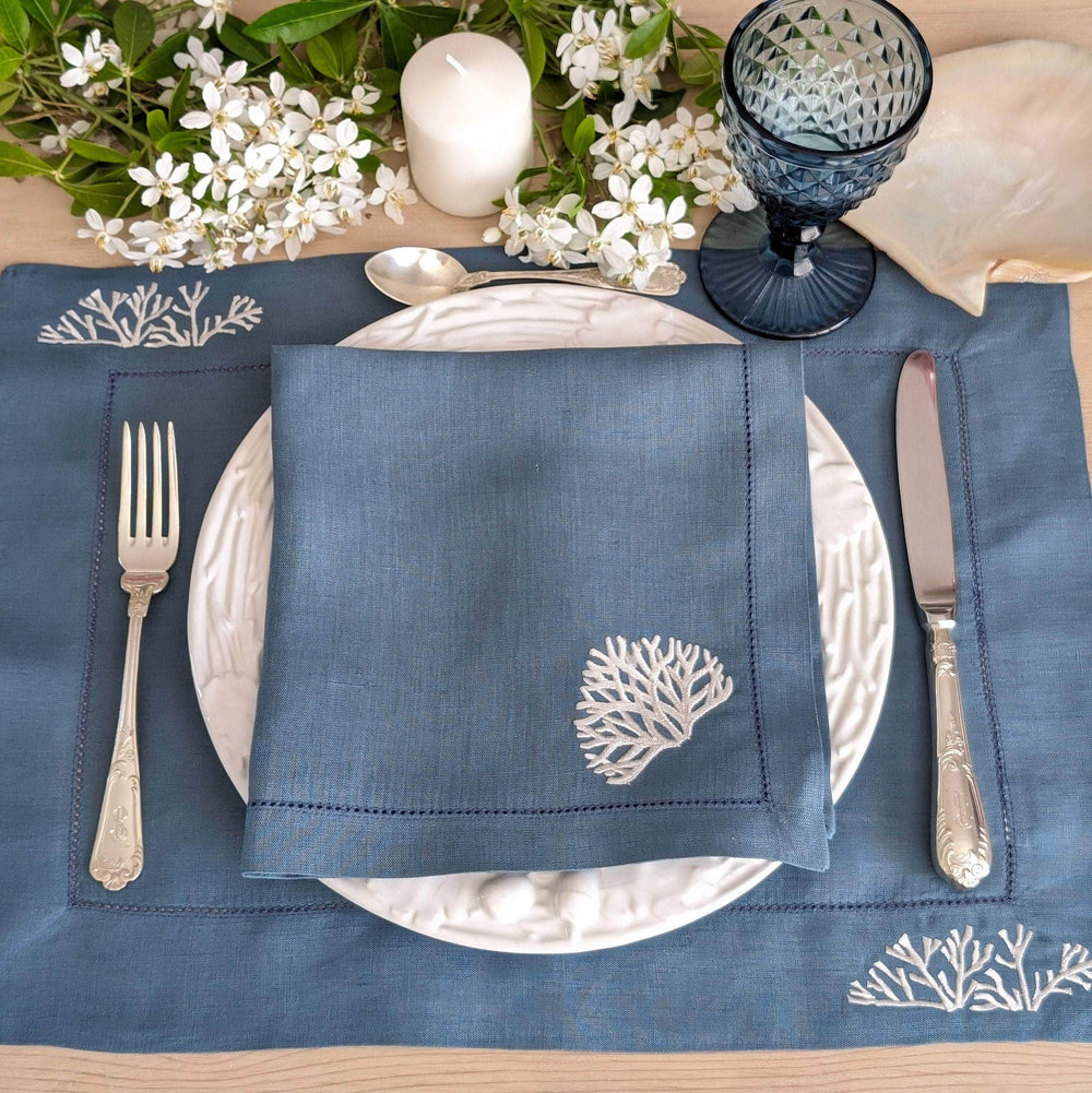 Coral - Blue Embroidered Linen Placemat and Napkin Set