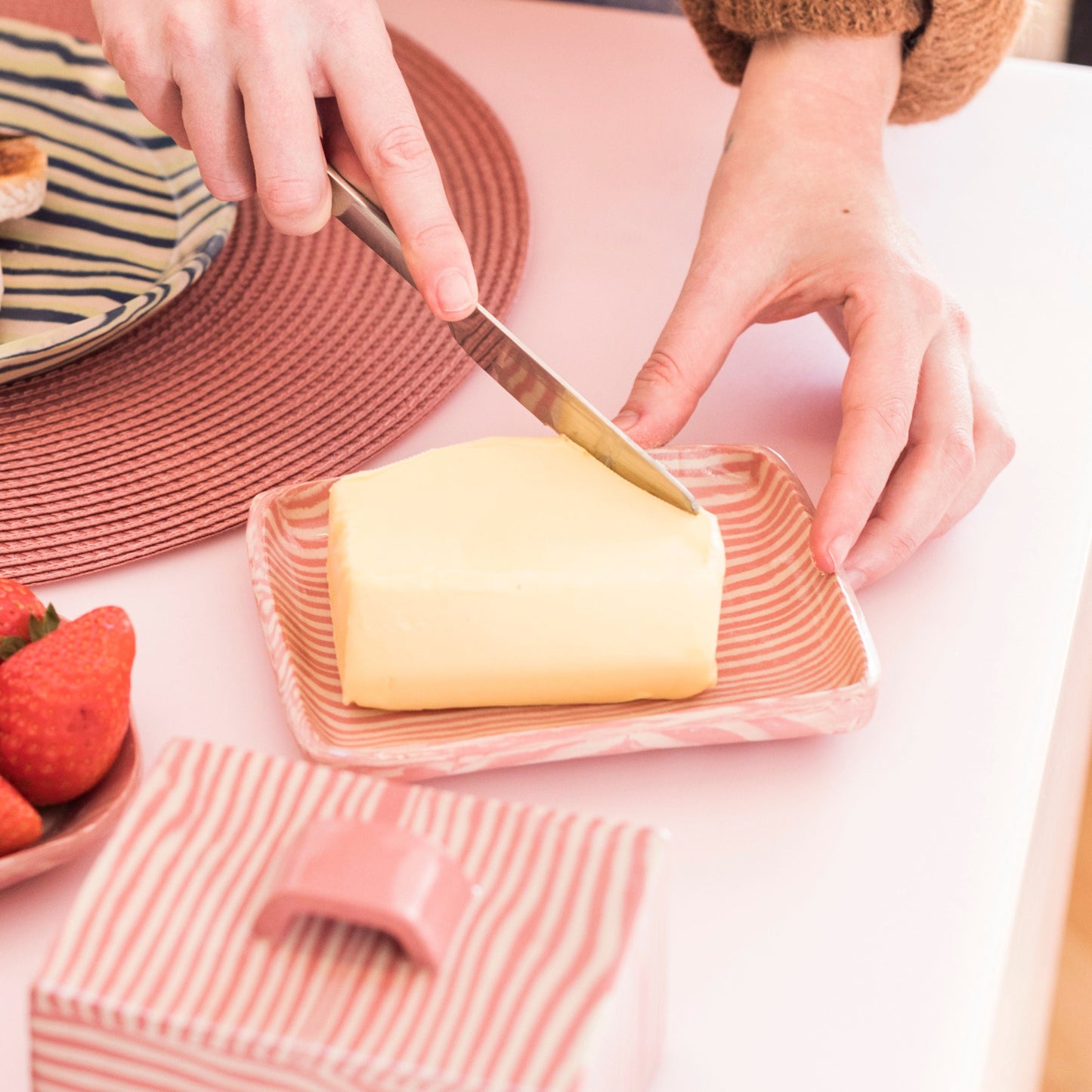 Pink Striped Butter Dish