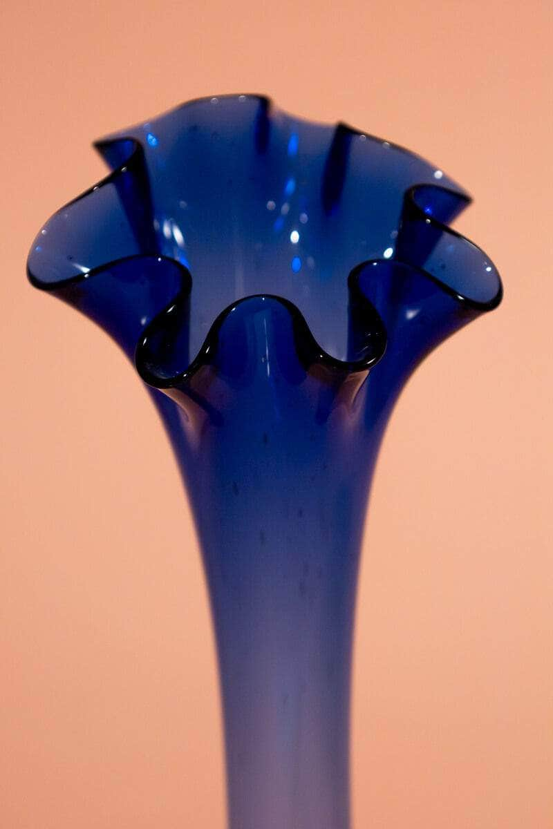 Vintage Ruffled Cobalt Blue Art Glass Vase