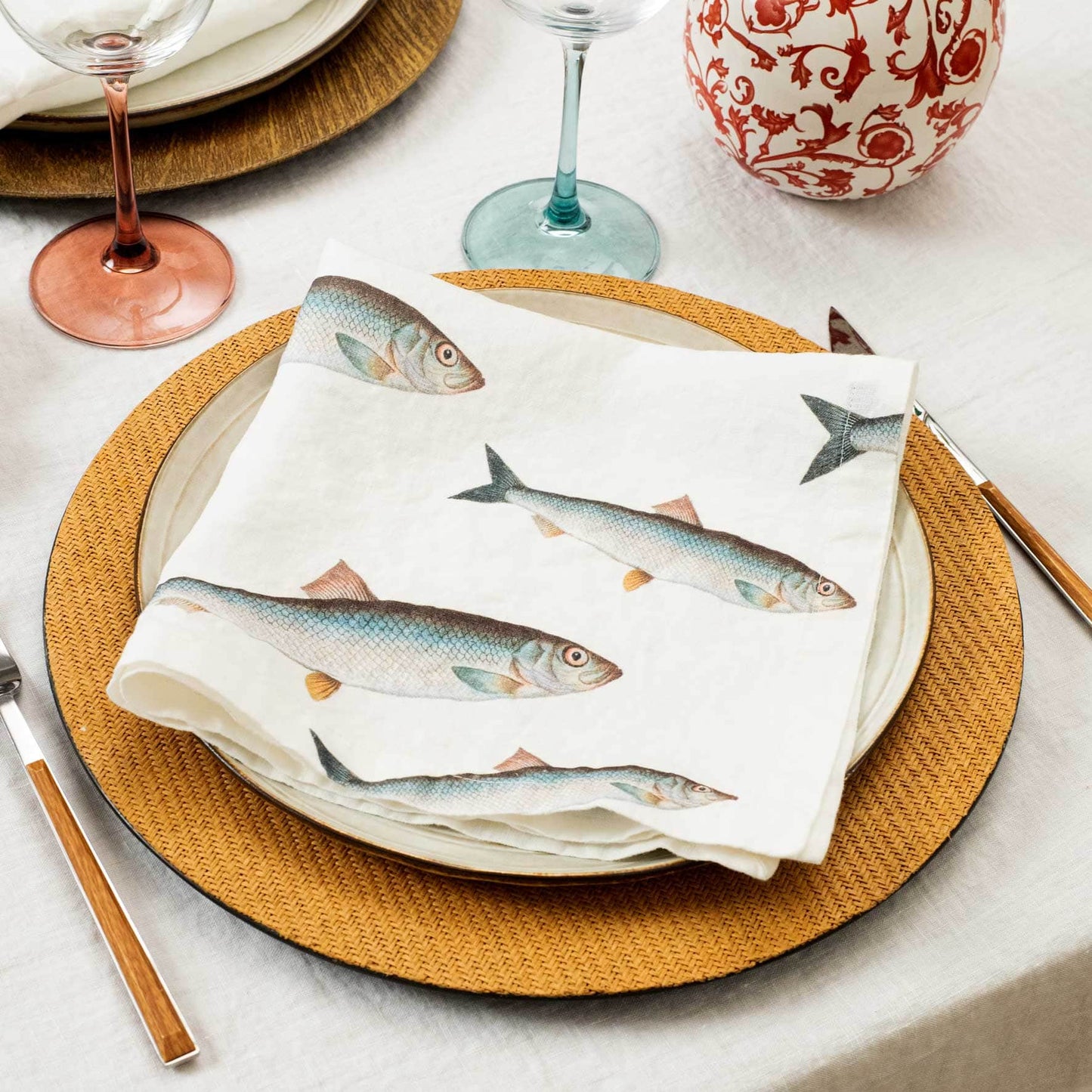 Linen Napkins SEA FISH Set of 6 Off White