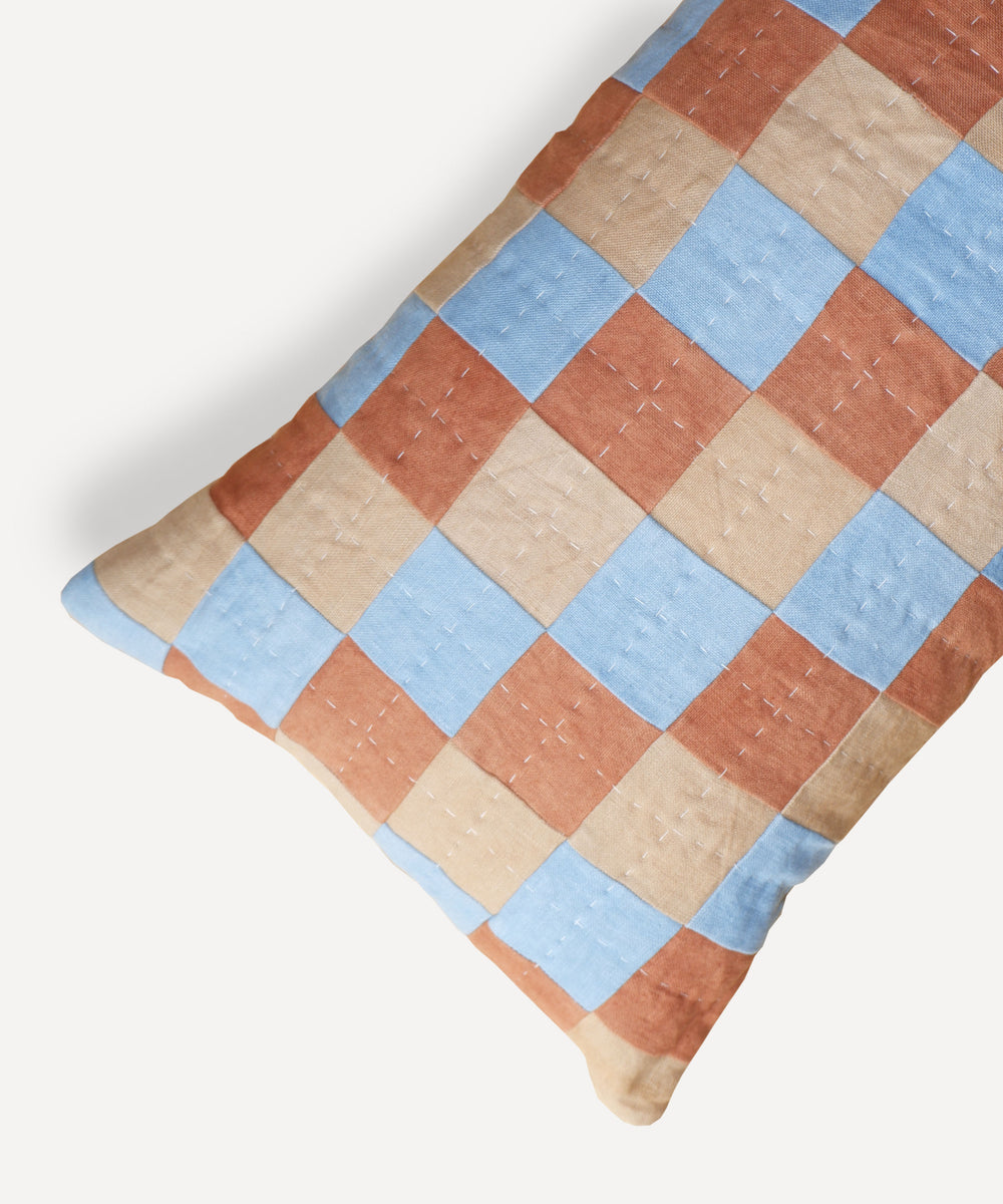 XL Chequered Cushion Blue, Terracotta & Cream