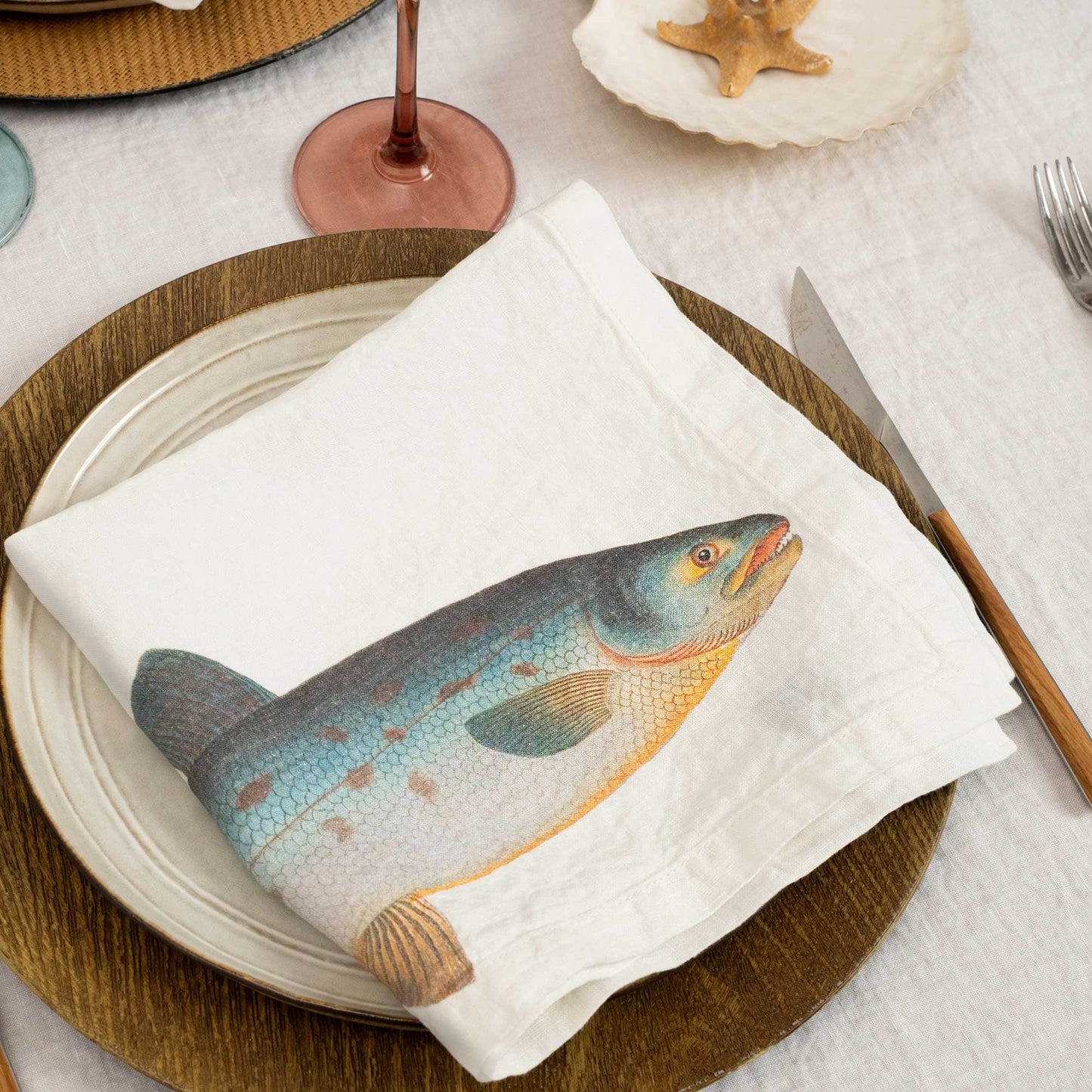 Linen Napkins SEA FISH Set of 6 Off White