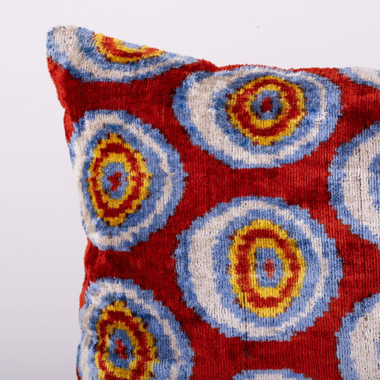 Silk Velvet Ikat Cushion - Red Circles