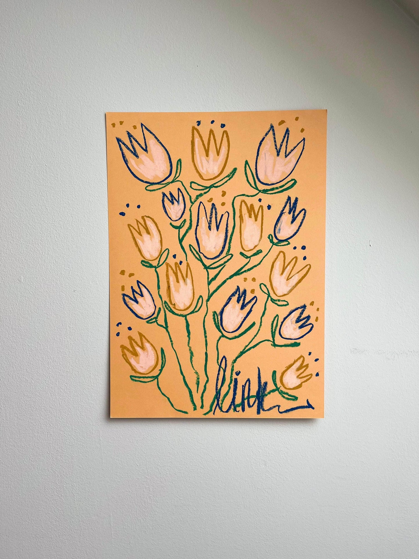 Blue and Gold Tulips on Yellow Background I Original Painting A3