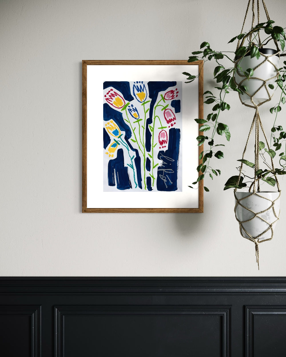 Multi-colored Drooping Tulips on Blue Background I Original Painting A3