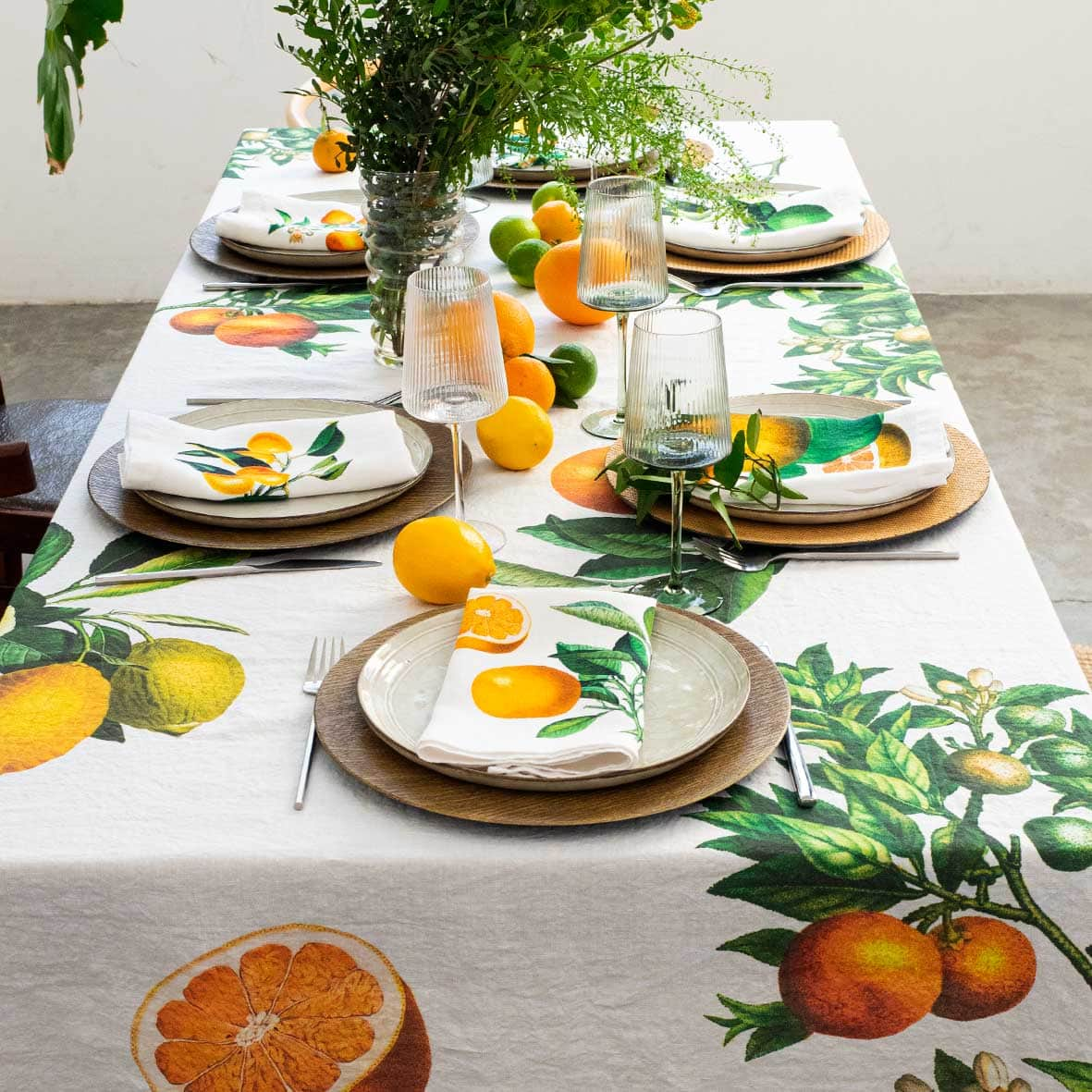 Linen tablecloth CITRUSES White