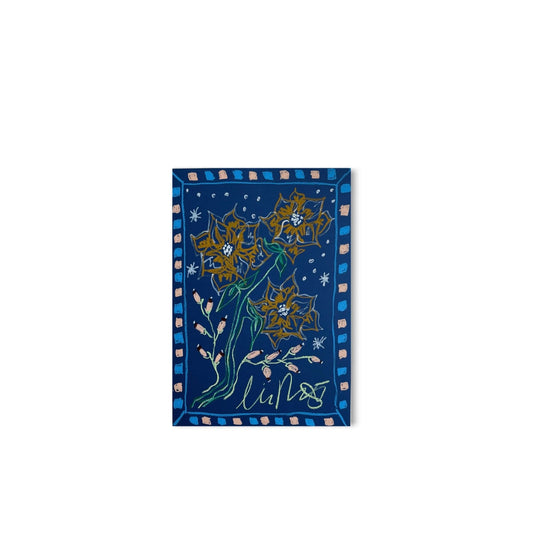 Gold Florals on Dark Blue Background I Original Painting A3