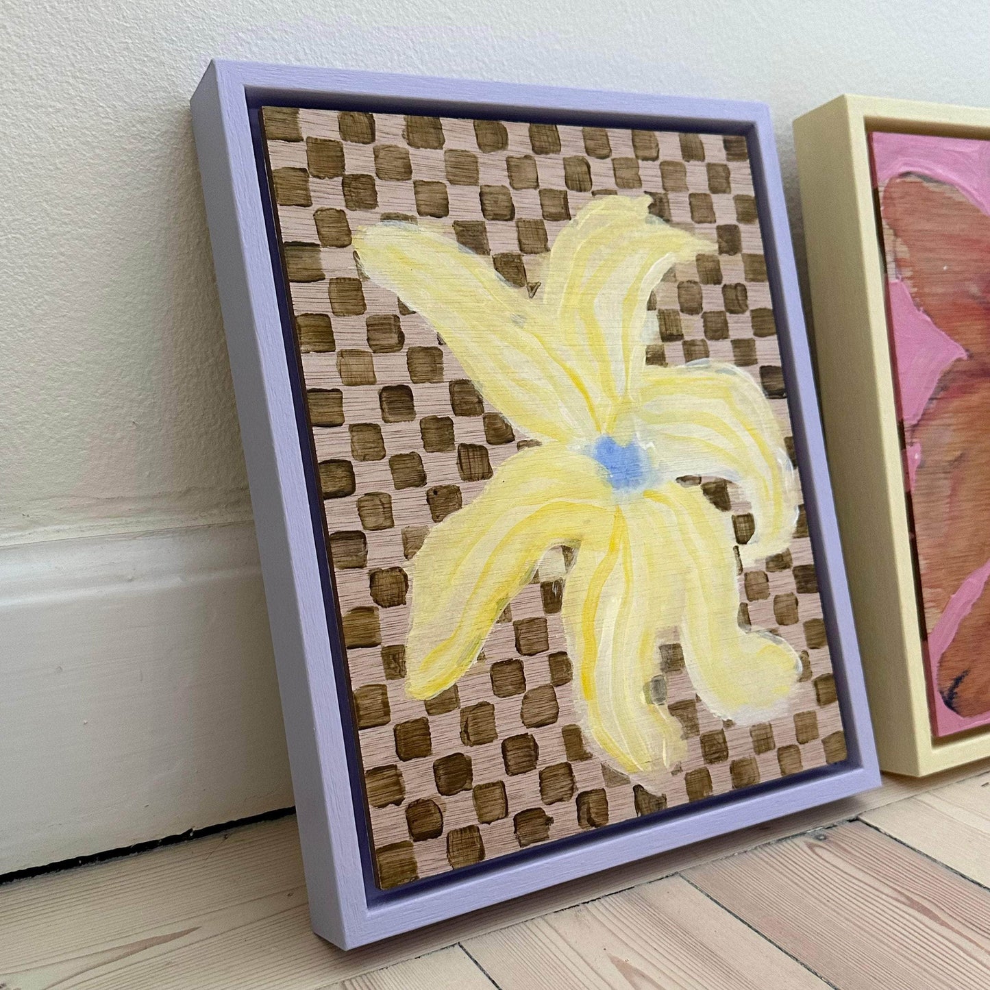 Yellow Bloom on Wood Checkerboard - Original Painting