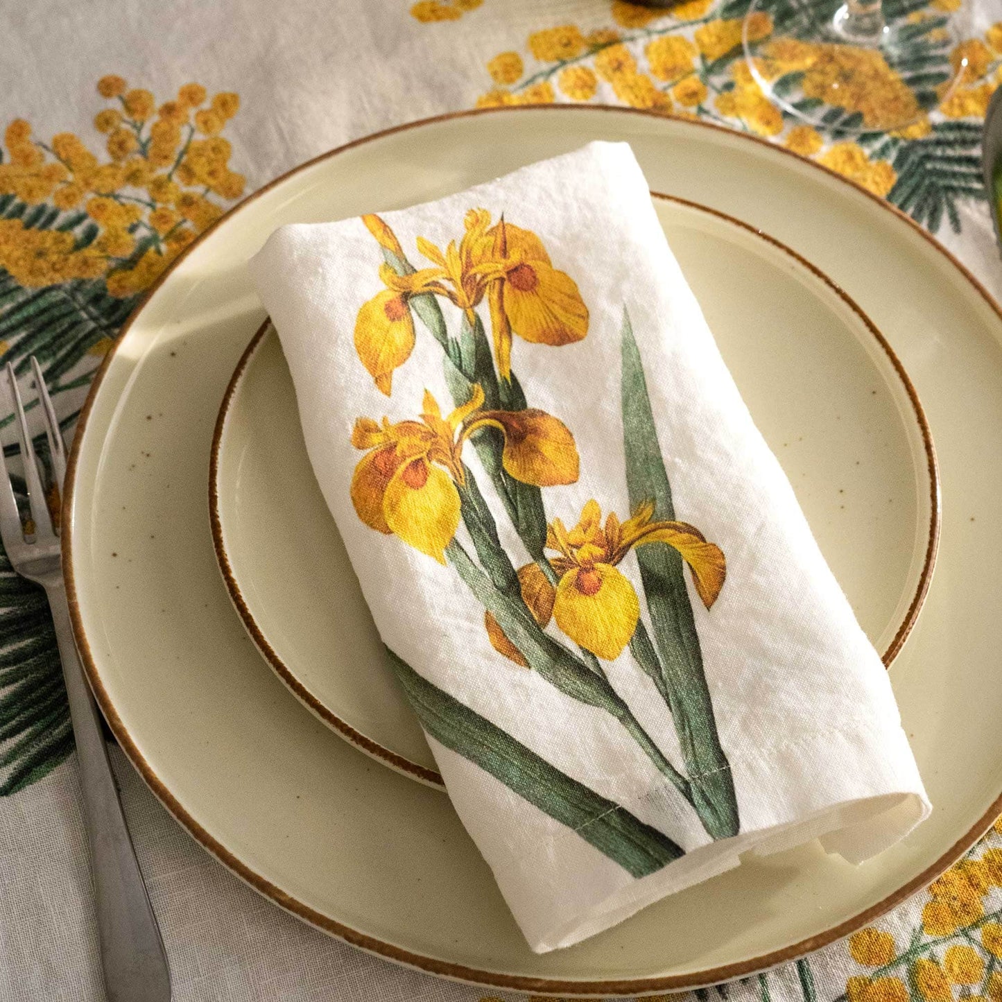 Linen Napkins YELLOW FLOWERS Set of 6 Off White