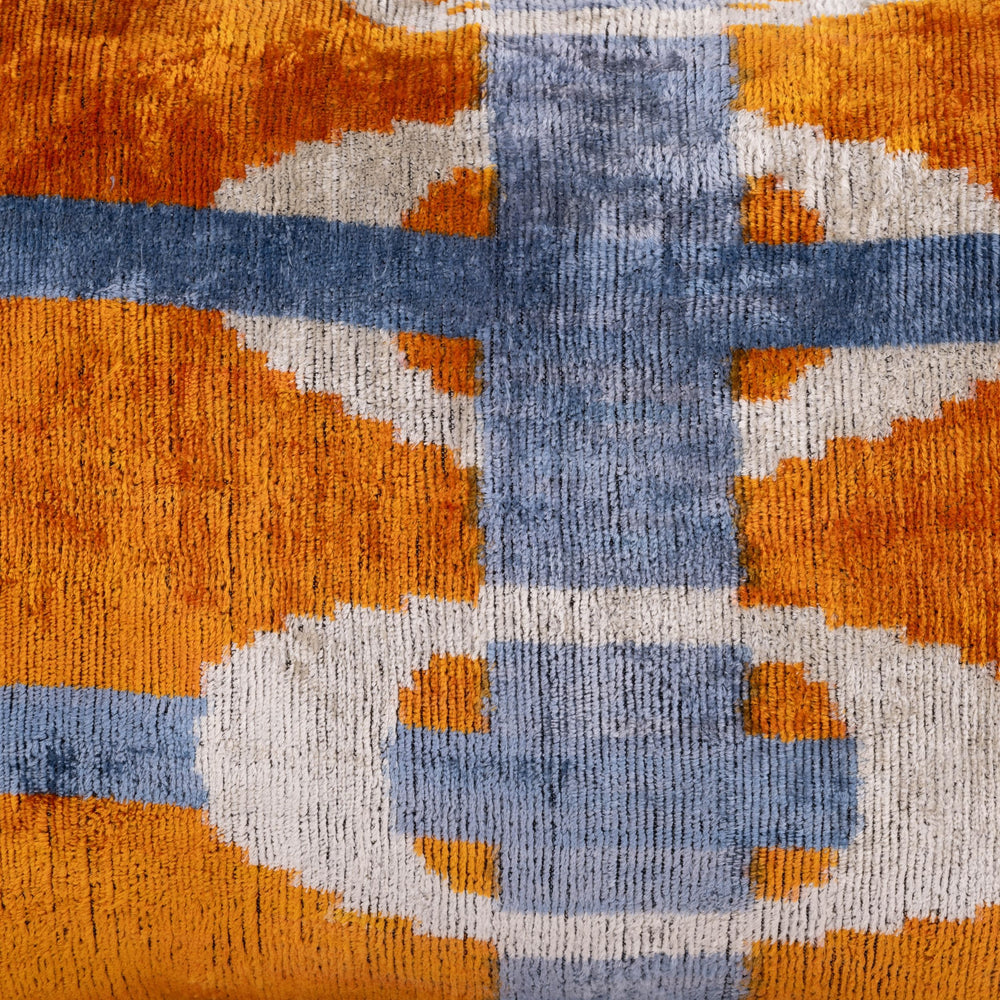 Silk Velvet Ikat Cushion - Orange/ Blue