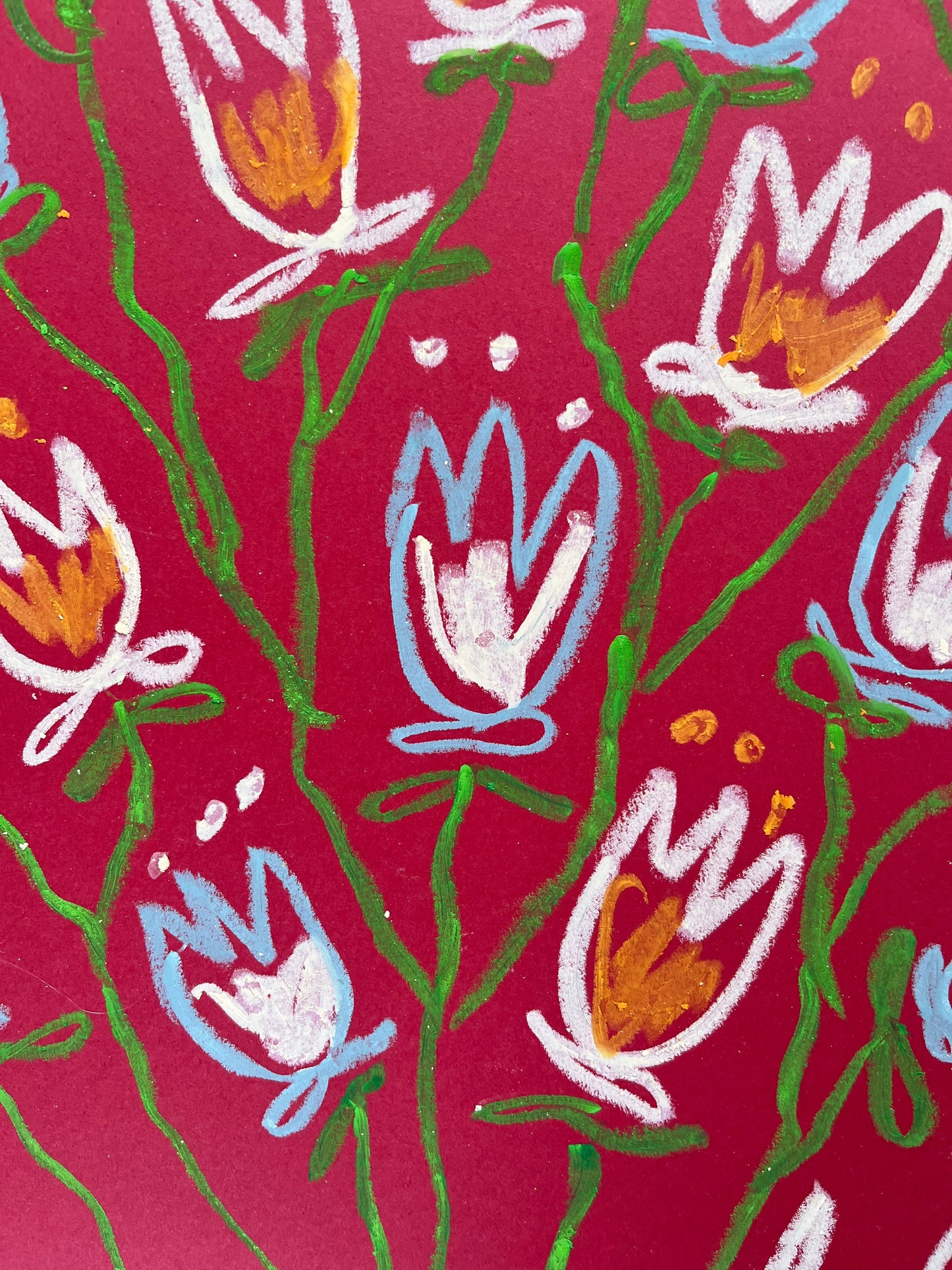 Light Pink and Blue Tulips on Red Background I Original Painting A3