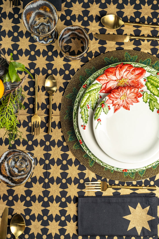 Festive Printed Cotton Tablecloth - Black / Gold Stars