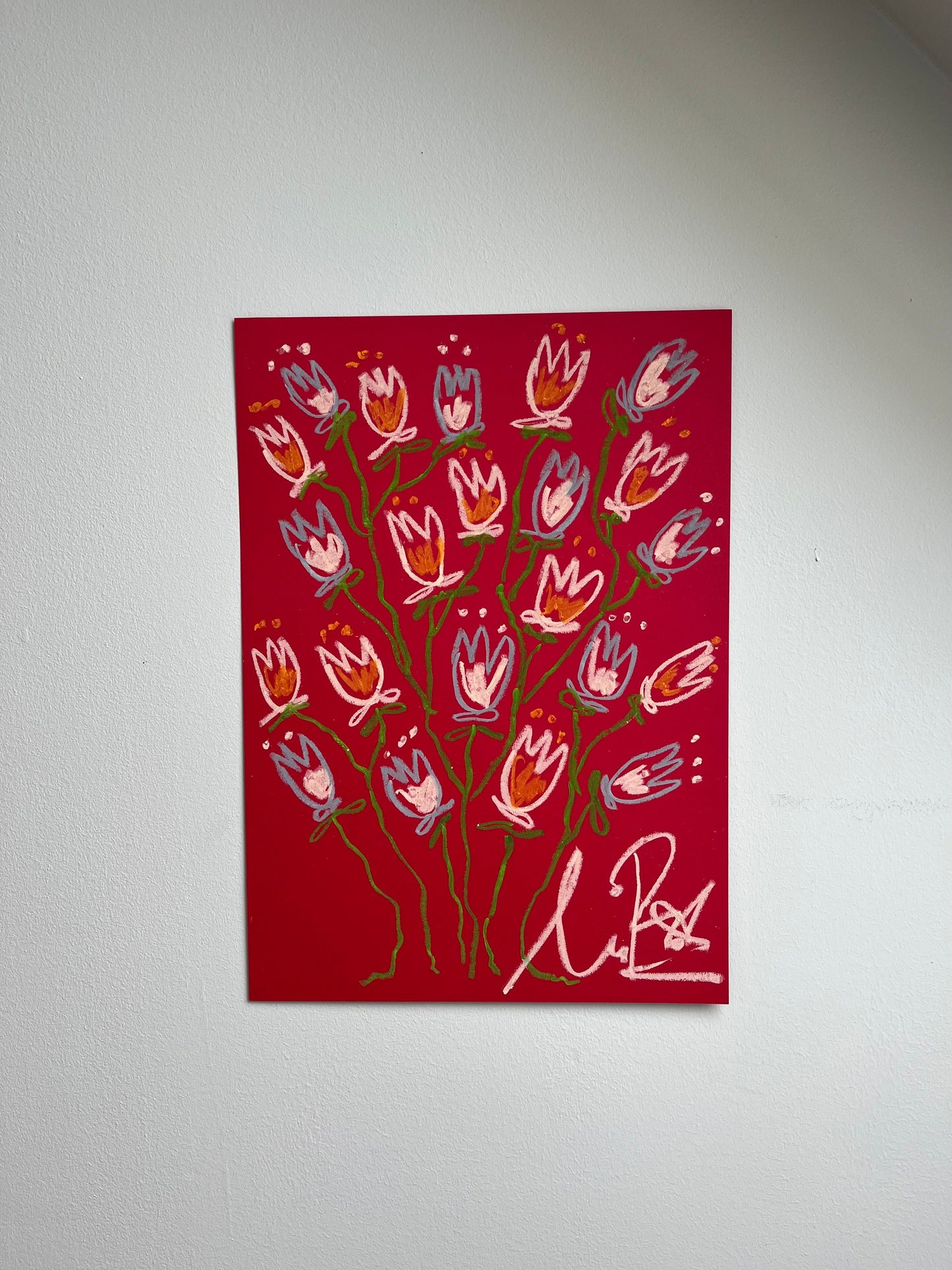 Light Pink and Blue Tulips on Red Background I Original Painting A3