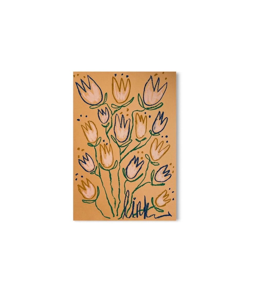 Blue and Gold Tulips on Yellow Background I Original Painting A3