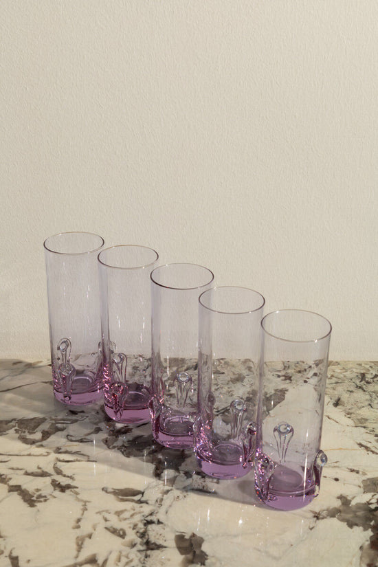 Rare Set of 5 Tall Alexandrite Glasses With Sculptural Pattern