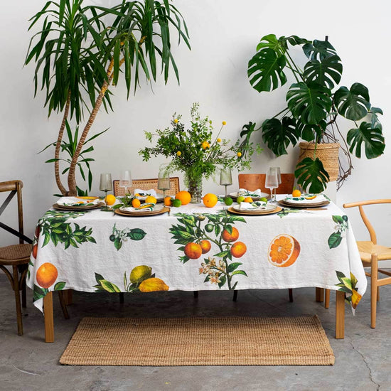 Linen tablecloth CITRUSES White