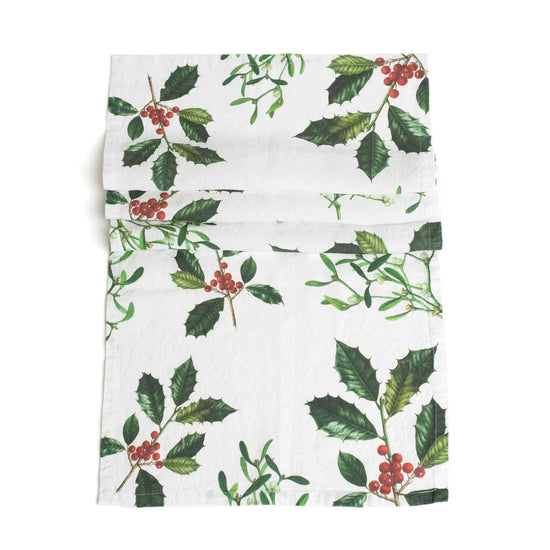 Linen Table Runner HOLLY & MISTLETOE White