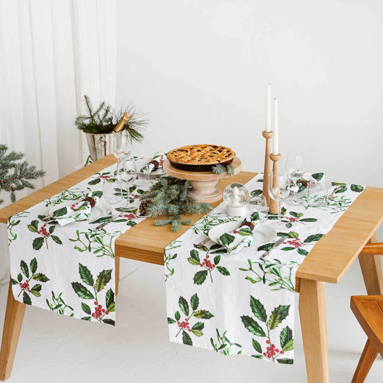 Linen Table Runner HOLLY & MISTLETOE White