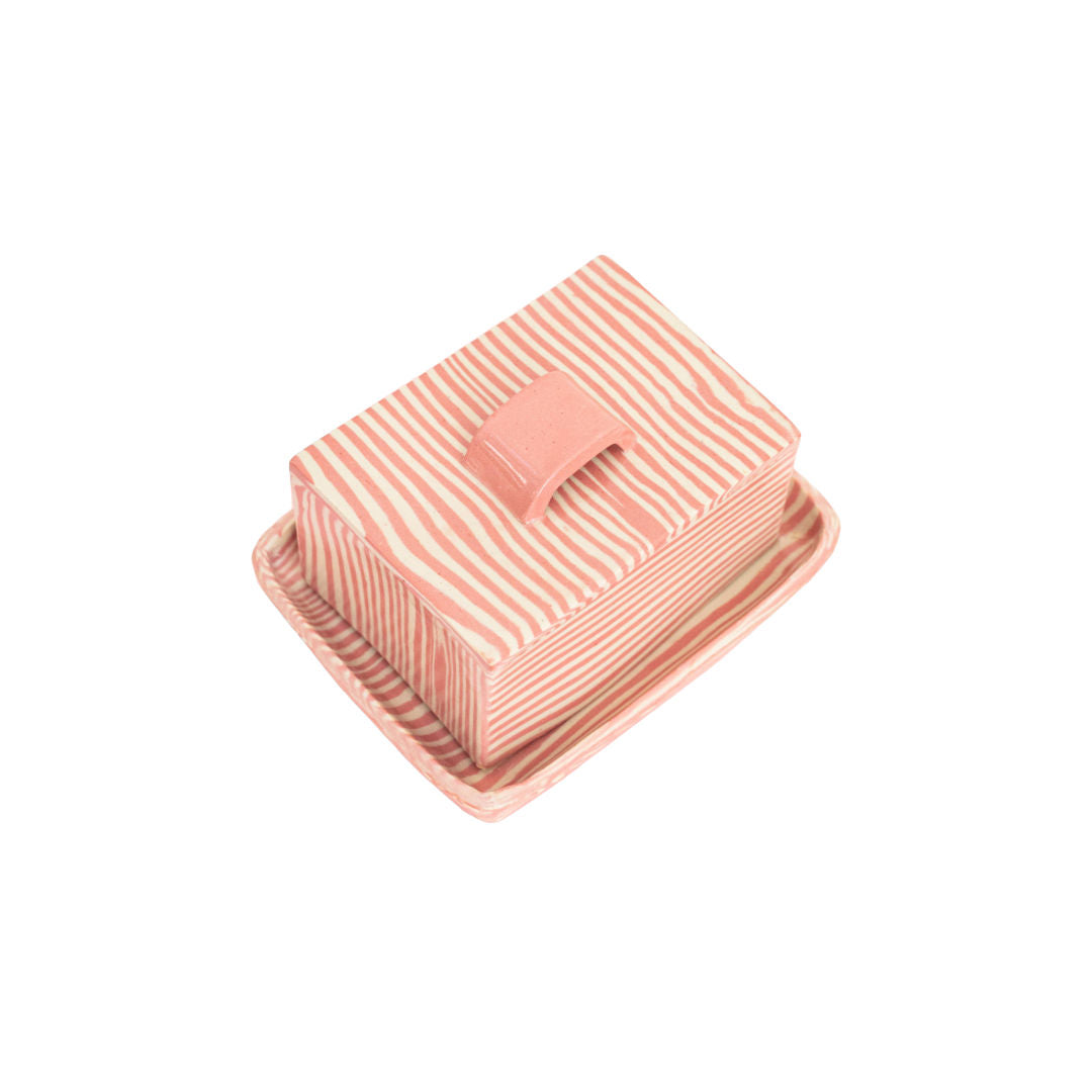 Pink Striped Butter Dish