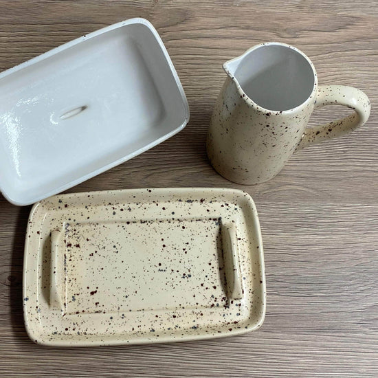 Butter Dish and Milk Jug set in Speckled Honey Glaze