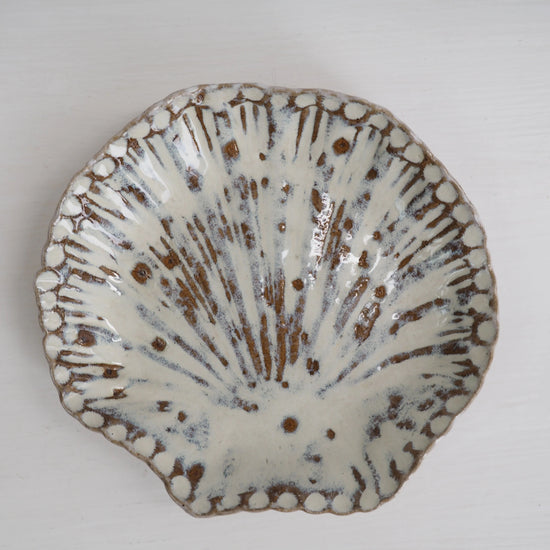 Handmade Pottery White and Brown Shell Dish