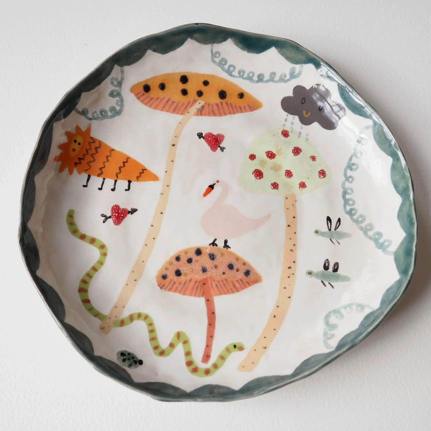 Handmade Illustrated Plate with Toadstools, Swan, Lion, Snake and Clouds