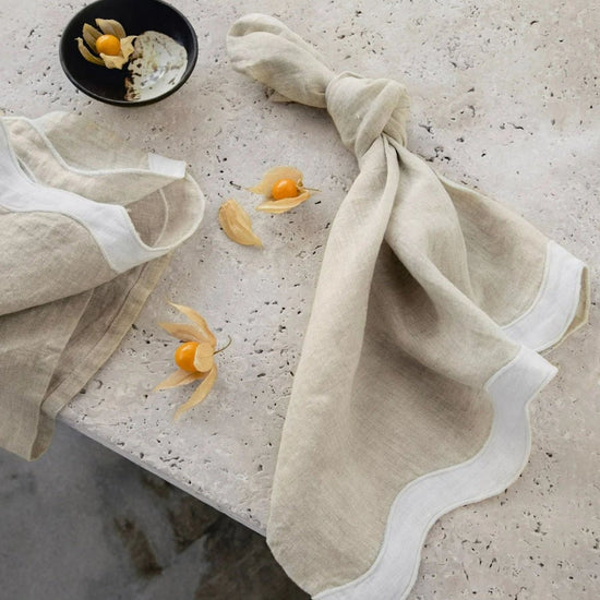 Natural and White Waved Linen Table Napkins (Set of Four)