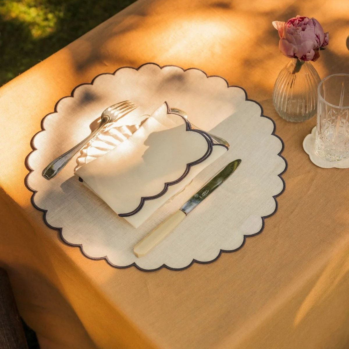 The White and Blue Slate Linen Scalloped Round Placemats (Set of 2)