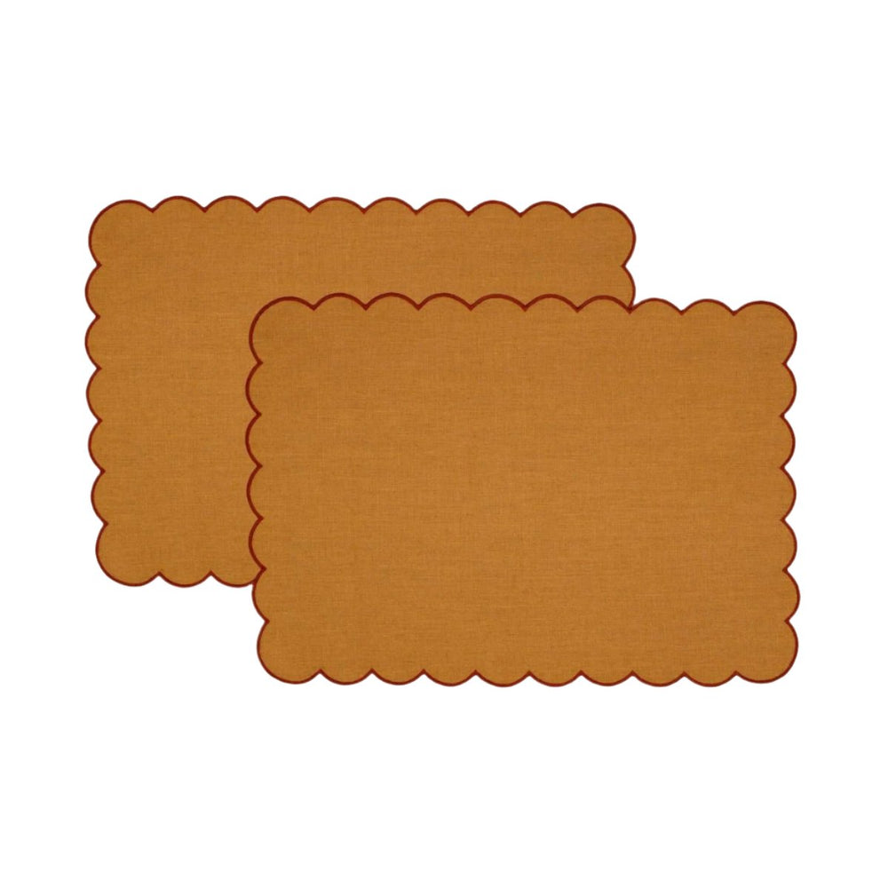 The Yellow and Red Ochre Linen Scalloped Rectangular Placemats (Set of 2)