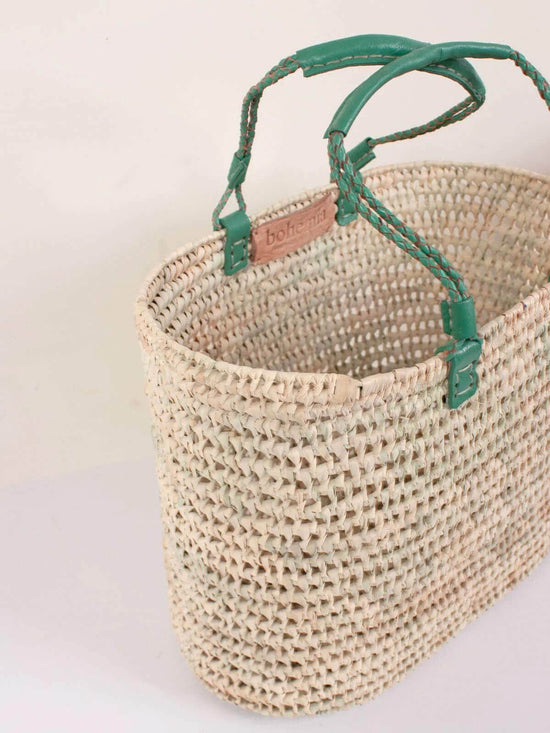 Pleated Leather Handle Basket - Sage