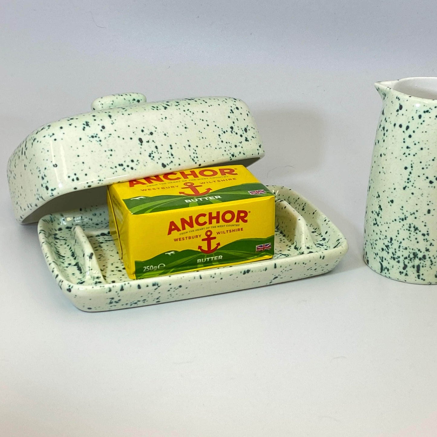 Butter Dish and Milk Jug Set Speckled Green Glaze