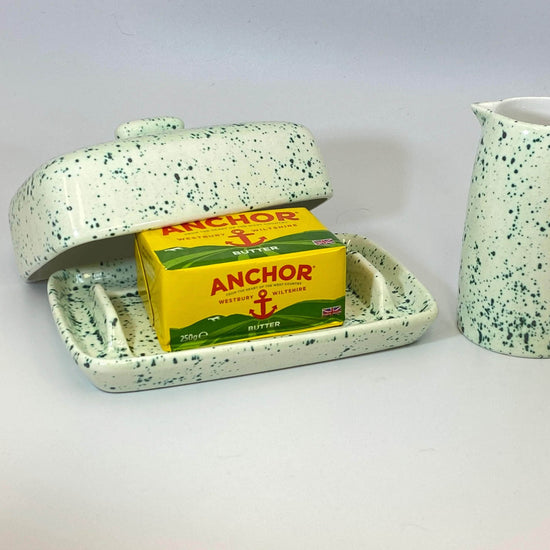 Butter Dish and Milk Jug Set Speckled Green Glaze