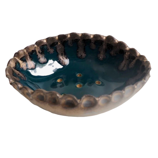 Handmade Teal Blue And Gold Oval Ceramic Soap Dish With Scalloped Top Edge