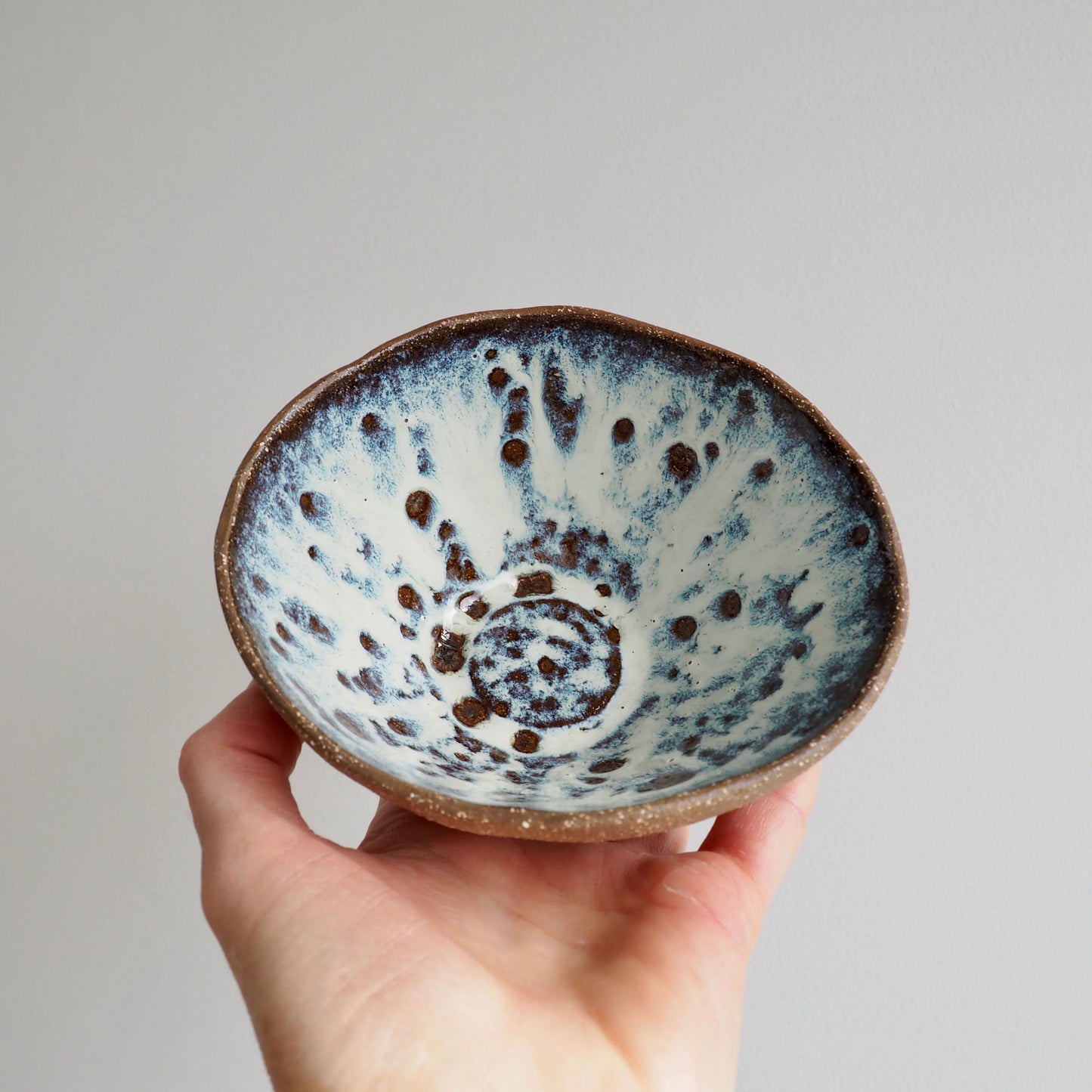 Handmade Brown Pottery Cereal Bowl With Cream / Blue Speckled Glaze