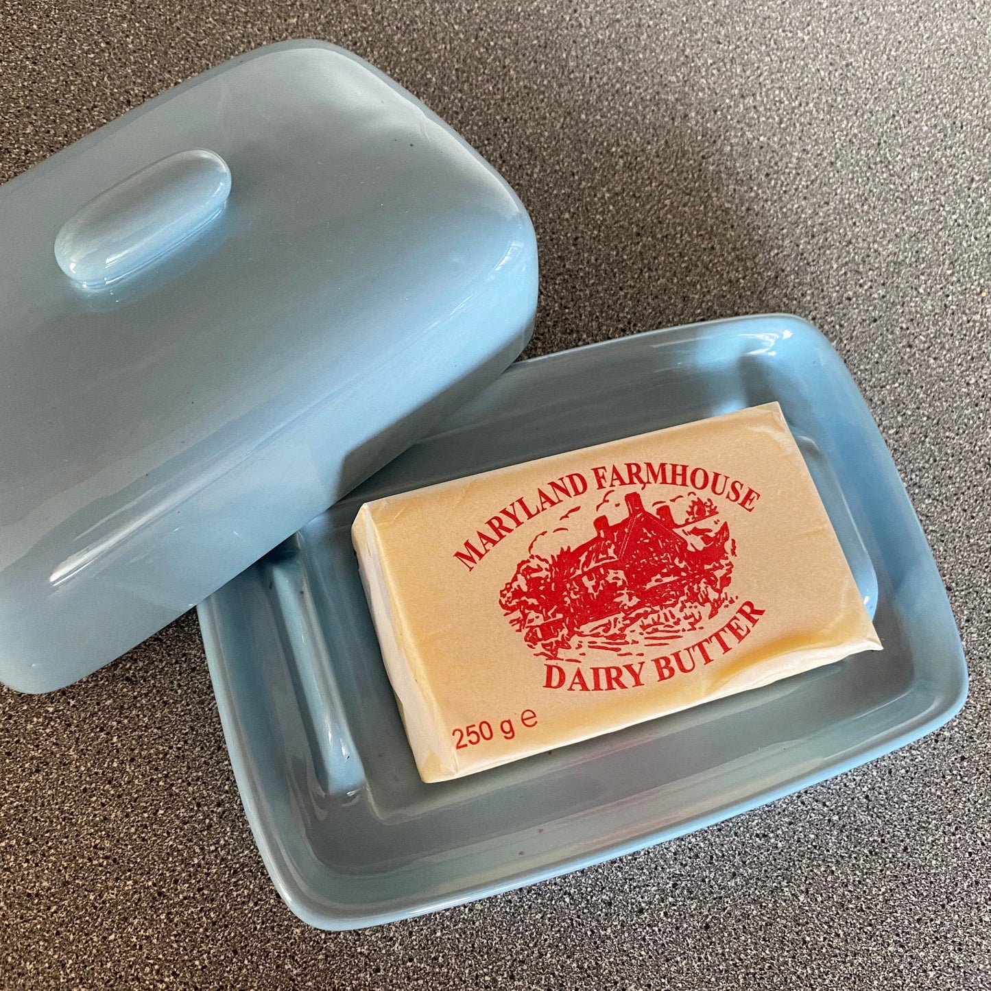 Pottery Butter Dish with Ice Blue Glaze