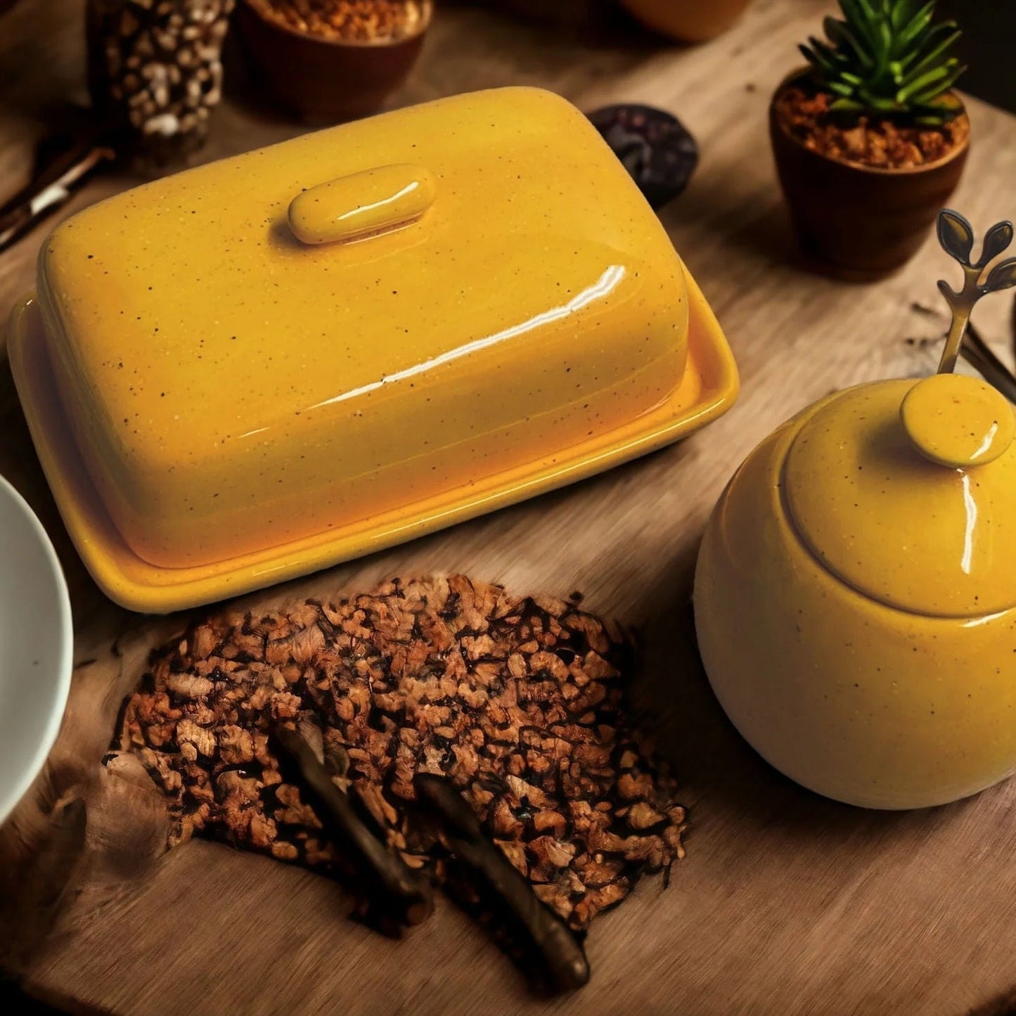 Butter Dish with Sugar Bowl Set - Yellow Speckle Glaze