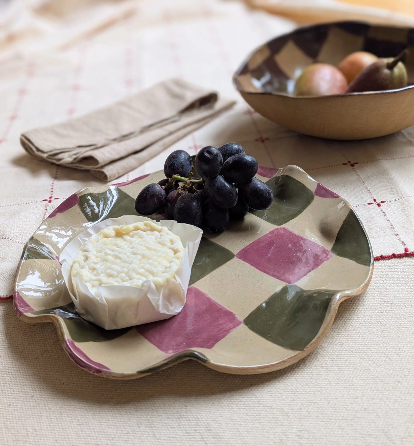 Smokey Olive & Burgundy Wavy Check Platter