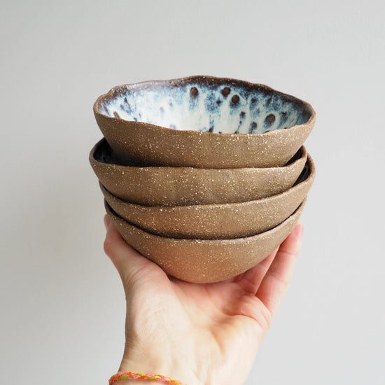 Handmade Brown Pottery Cereal Bowl With Cream / Blue Speckled Glaze