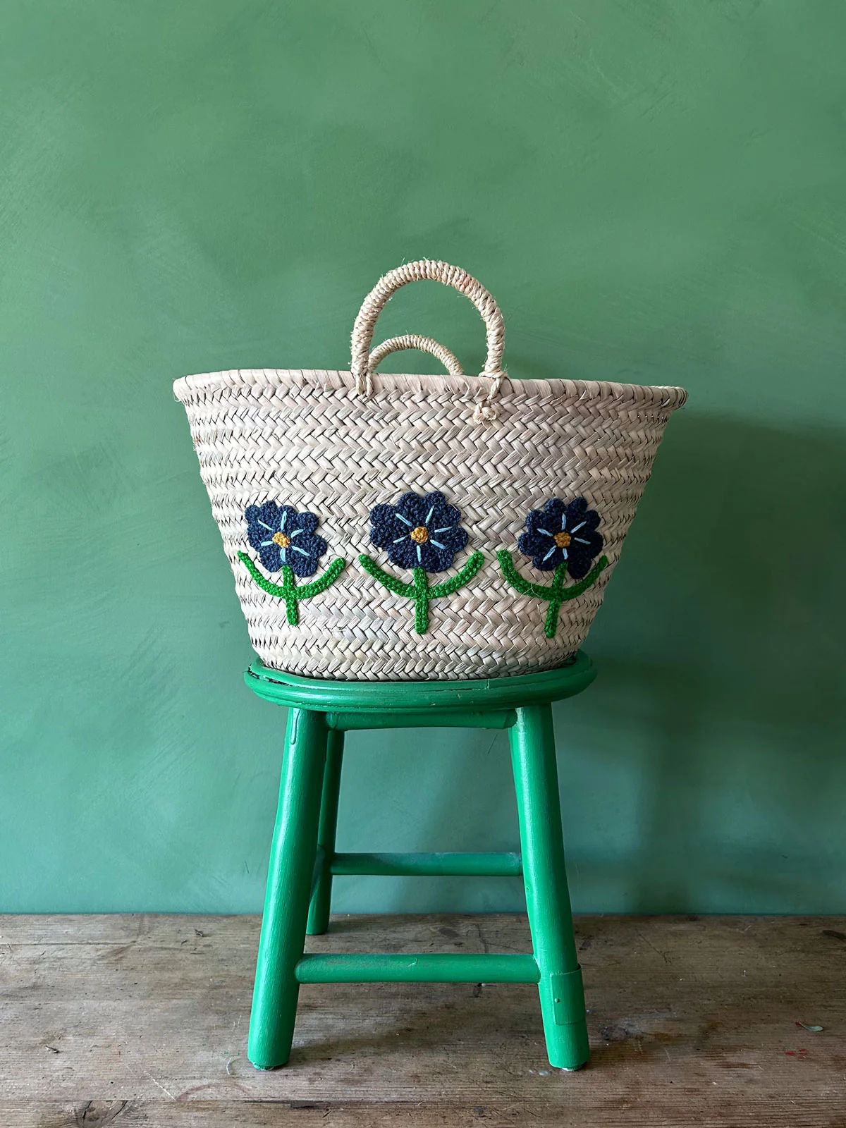 Hand Embroidered Market Basket, Daisy